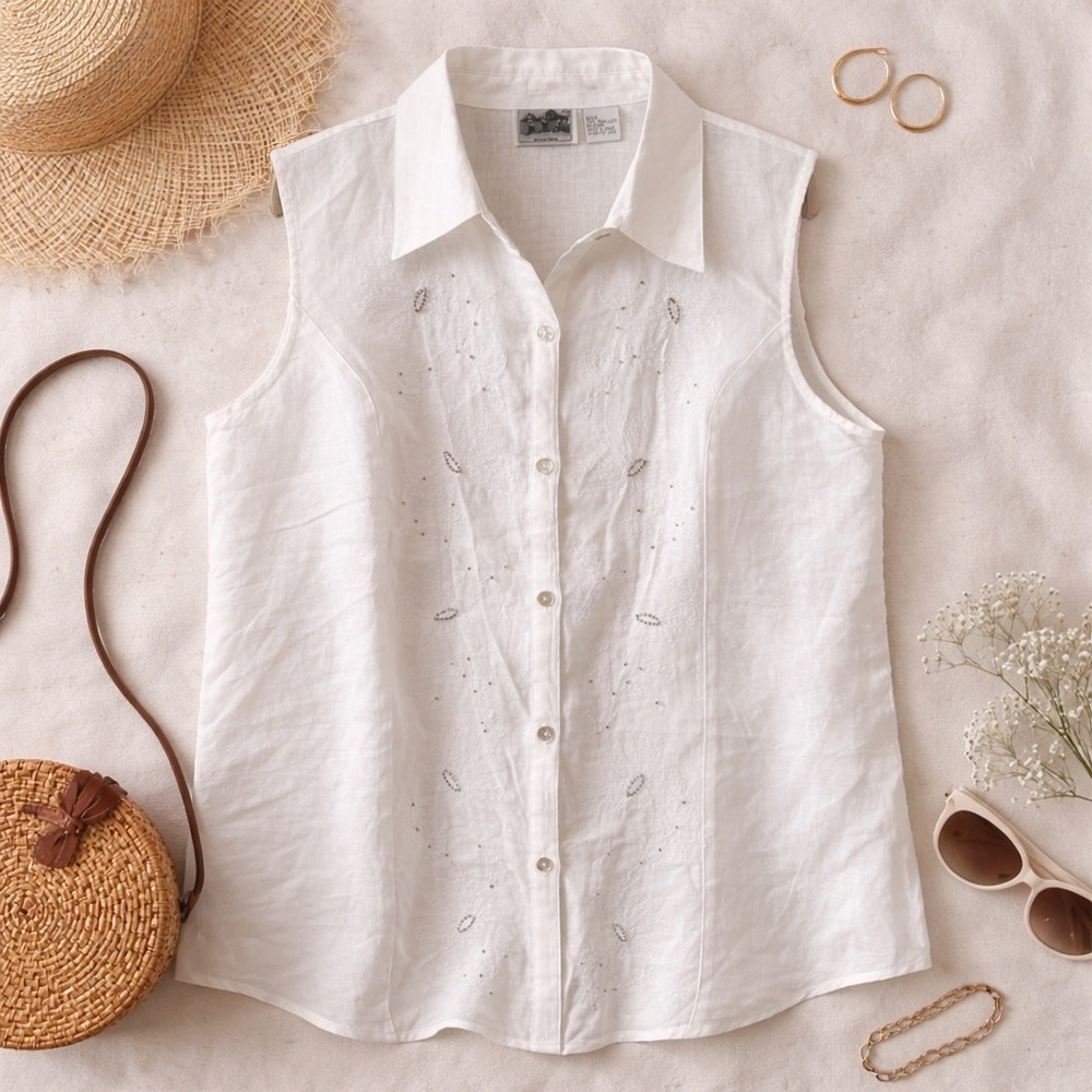 Edward Irish Linen Sleeveless Blouse White Embroidered Beaded Button Up Large